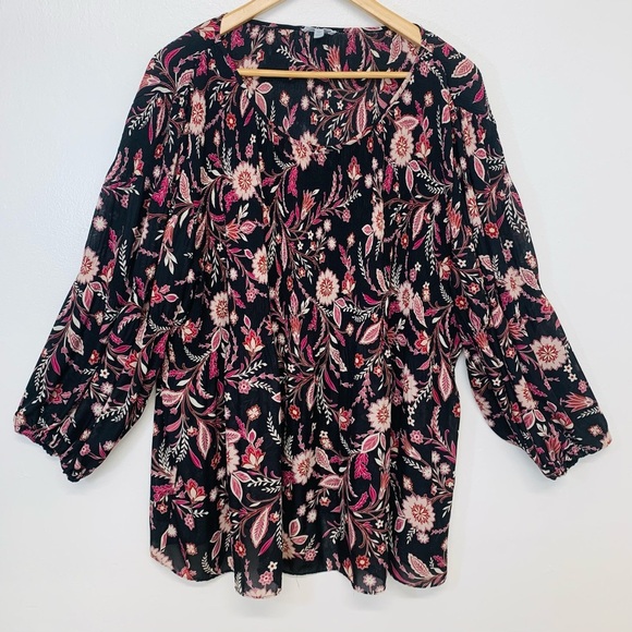 Floral Ivy Blouse Top Woman 3X  Black Pink Smocking Long Sleeve Boho Peasant - Picture 1 of 10